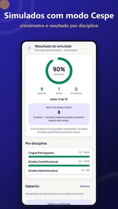 Simulado com cronômetro e resultado por disciplina